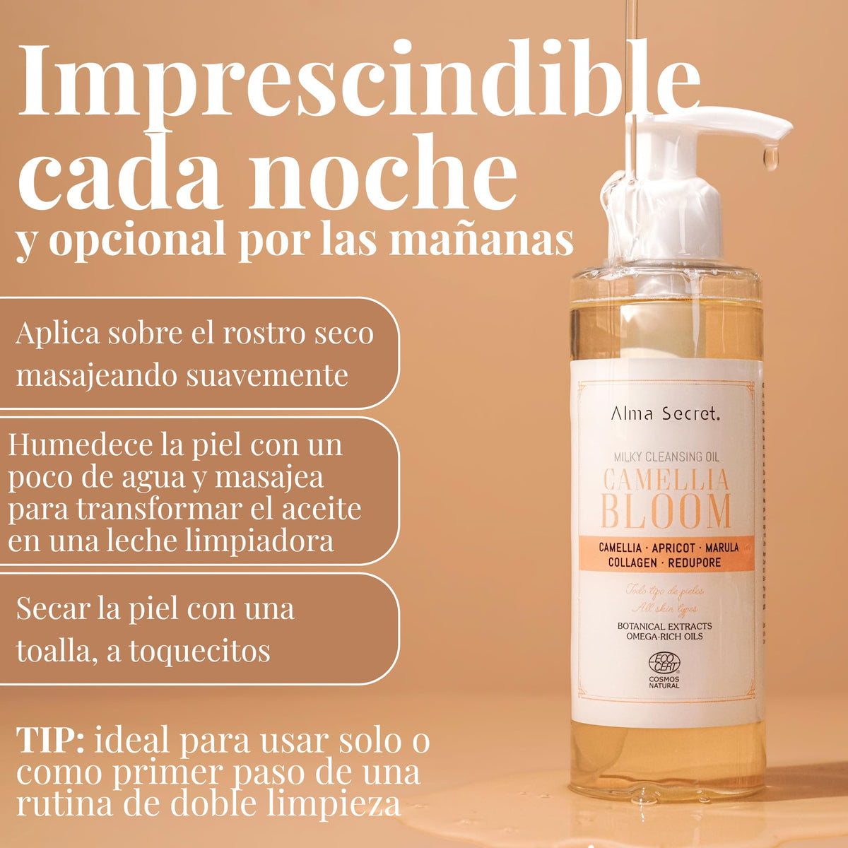 ALMA SECRET Camellia Bloom Facial Cleansing Oil - Face Makeup Oil with Vegan Collagen, Redupore and Green Tea Extracts, Makeup Oil for All Skin Types Vegan, Ecocert Certified, 200 ml