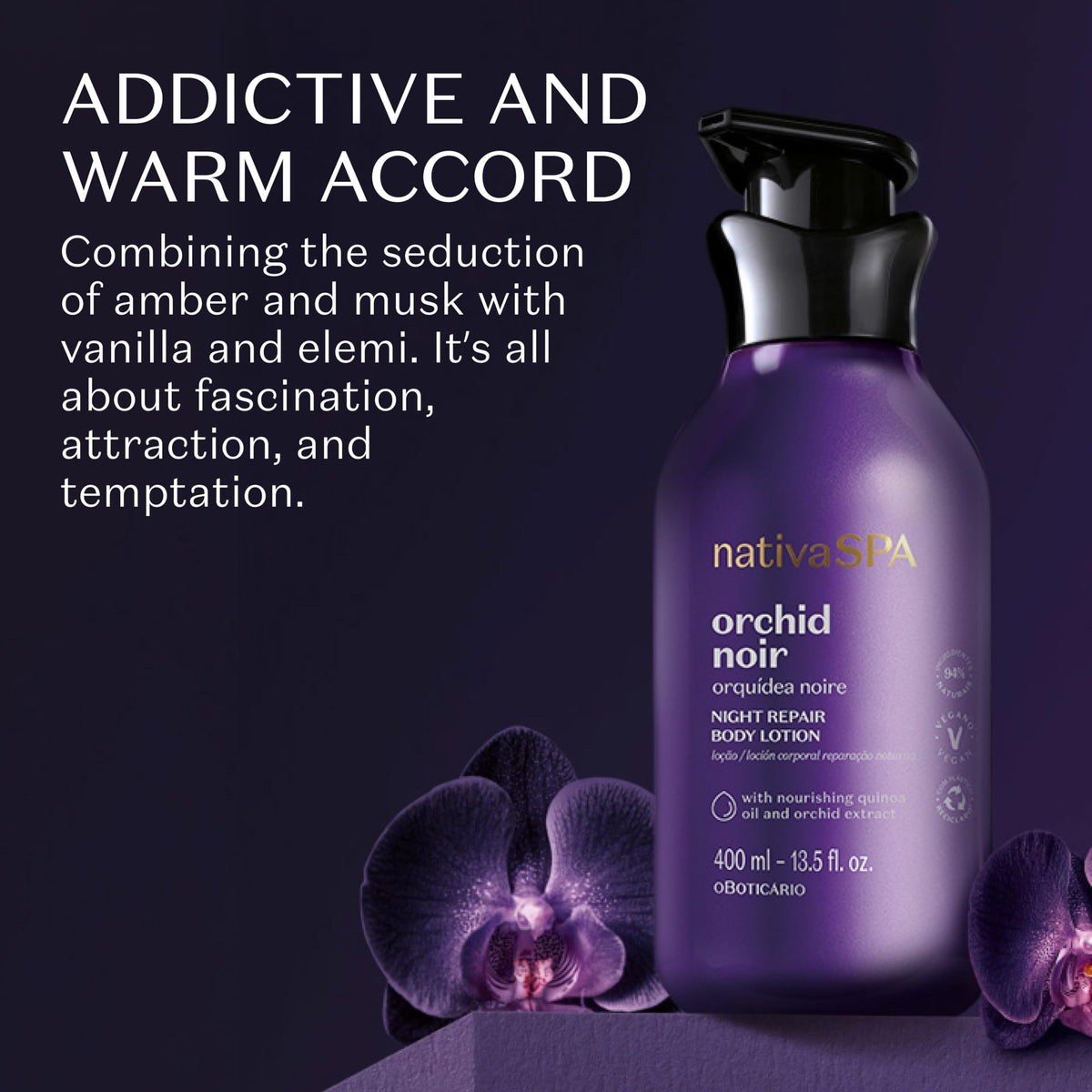 O Boticário Nativa SPA Noire Orchid, Moisturizing Body Cream, Scented Body Lotion with Quinoa Drops for More Hydration 400ml