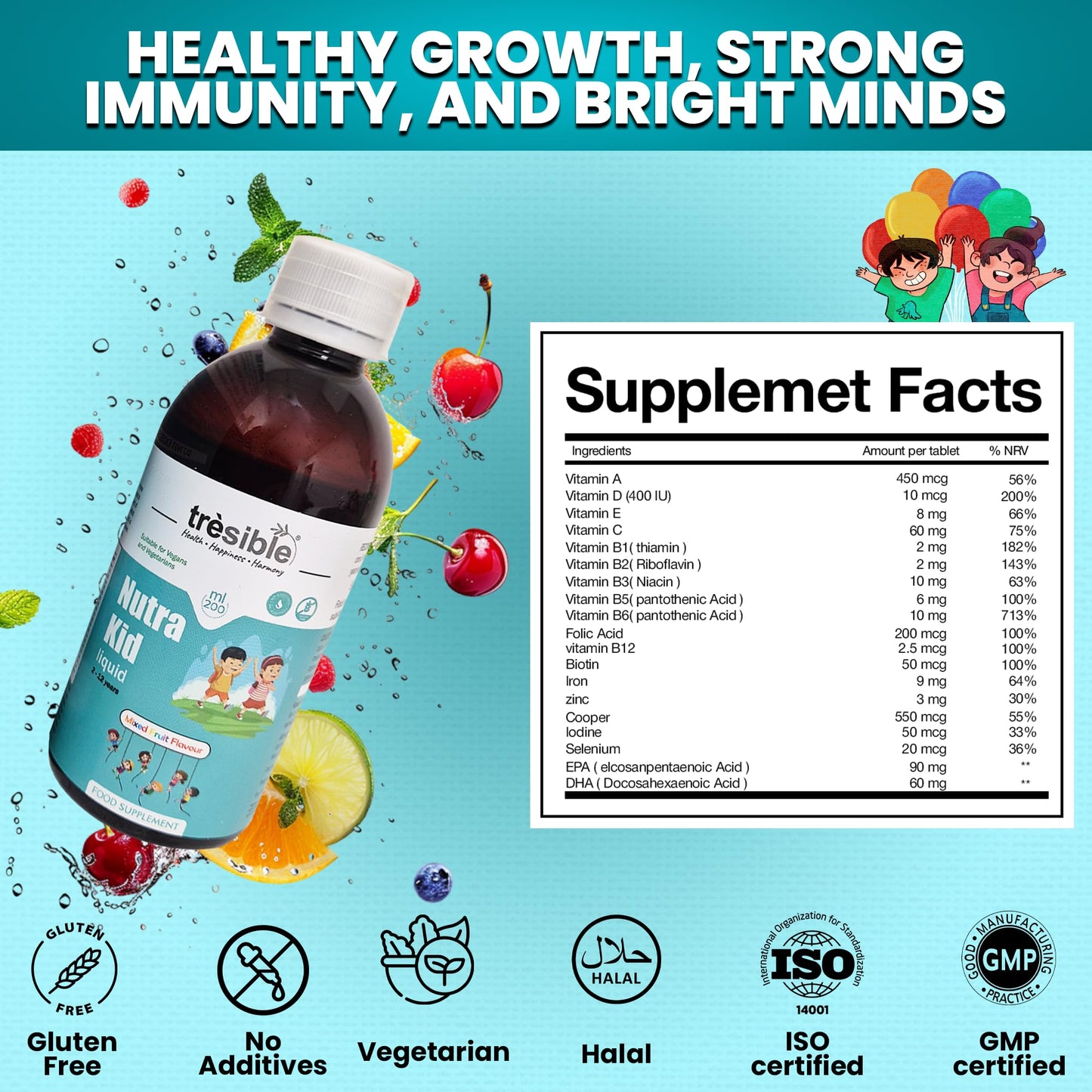 Tresible Trèsible Nutra Kids Multivitamins Liquid for Immune Support (2 to 12 Years) - Kids Vitamins with EPA, DHA and Zinc - Multivitamin for Kids, Toddlers Vitamins Age 2, Baby Vitamins with Biotin, Vegan