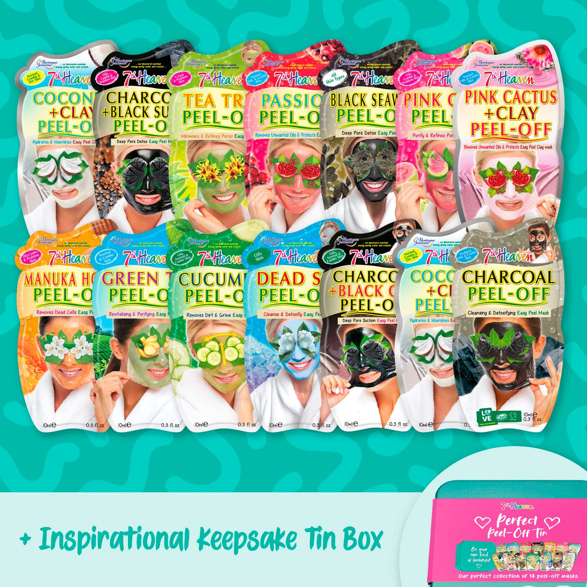 7th Heaven Face Masks Perfect Peel Off Tin - 14 x Face Peel Off Masks with Tin - Perfect Skincare Gift Set with Easy Peel Off Face Masks - Cleanse, Nourish, Detoxify & Revitalise