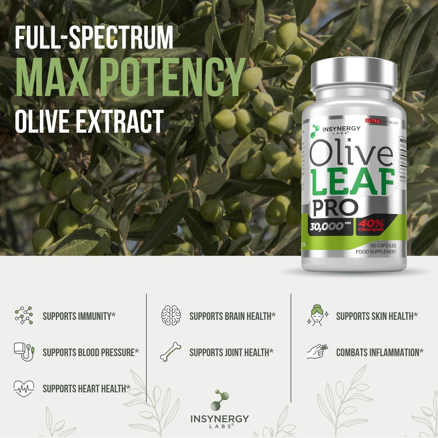 Insynergy Labs 30,000MG Olive Leaf Extract 40% Oleuropein (Maximum MG on Amazon) Wild Grown Spain Ultra-Premium Grade Olive Leaf Extract Capsules - Olive Leaf Supplement 60 Vegan Capsules
