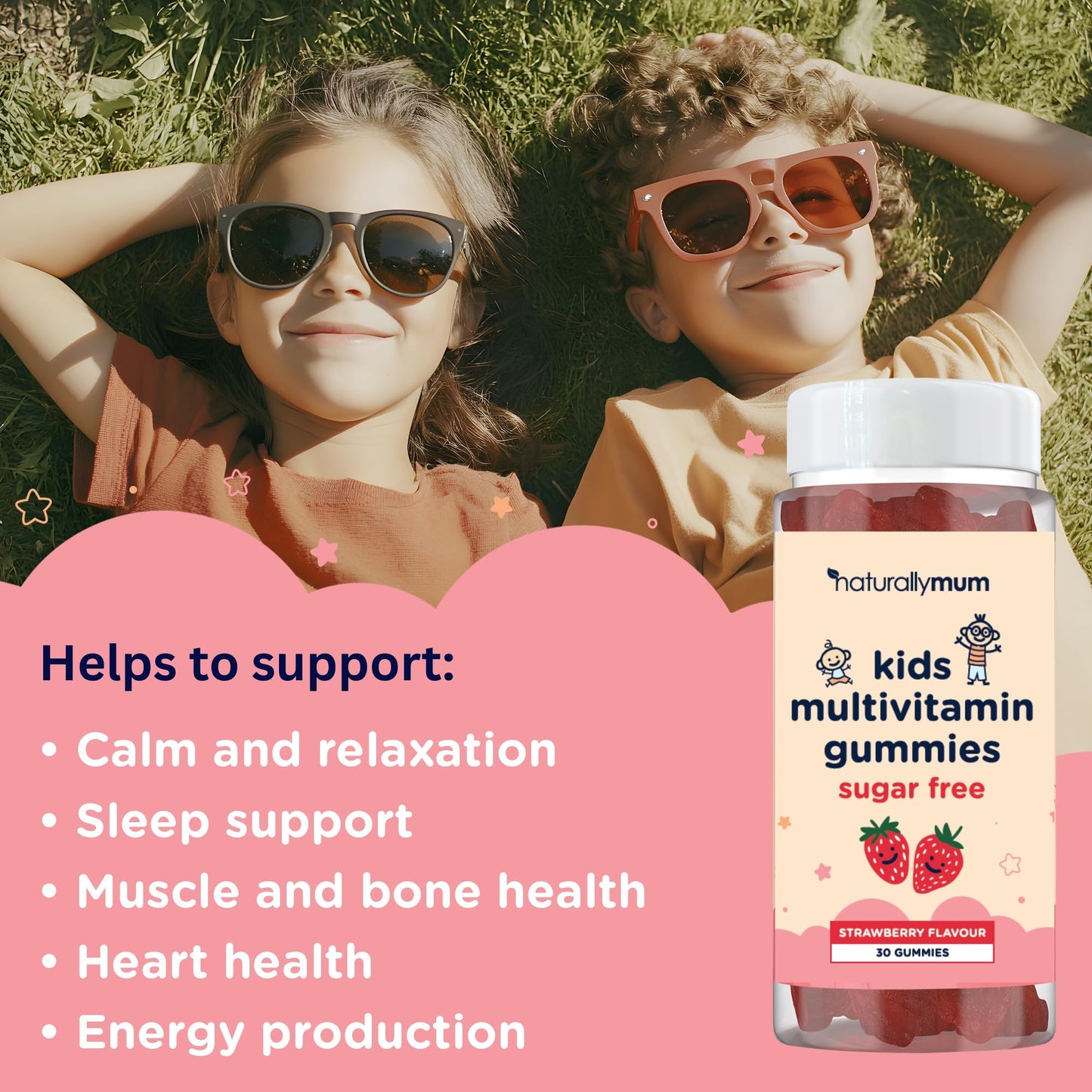 NaturallyMum Kids Multivitamin Gummies | for Children | Vegan Friendly | 30 Chewable Gummies | with Vitamins A, D, E, B6, B12, C | Sugar Free | Strawberry Flavour | 30-Day Supply