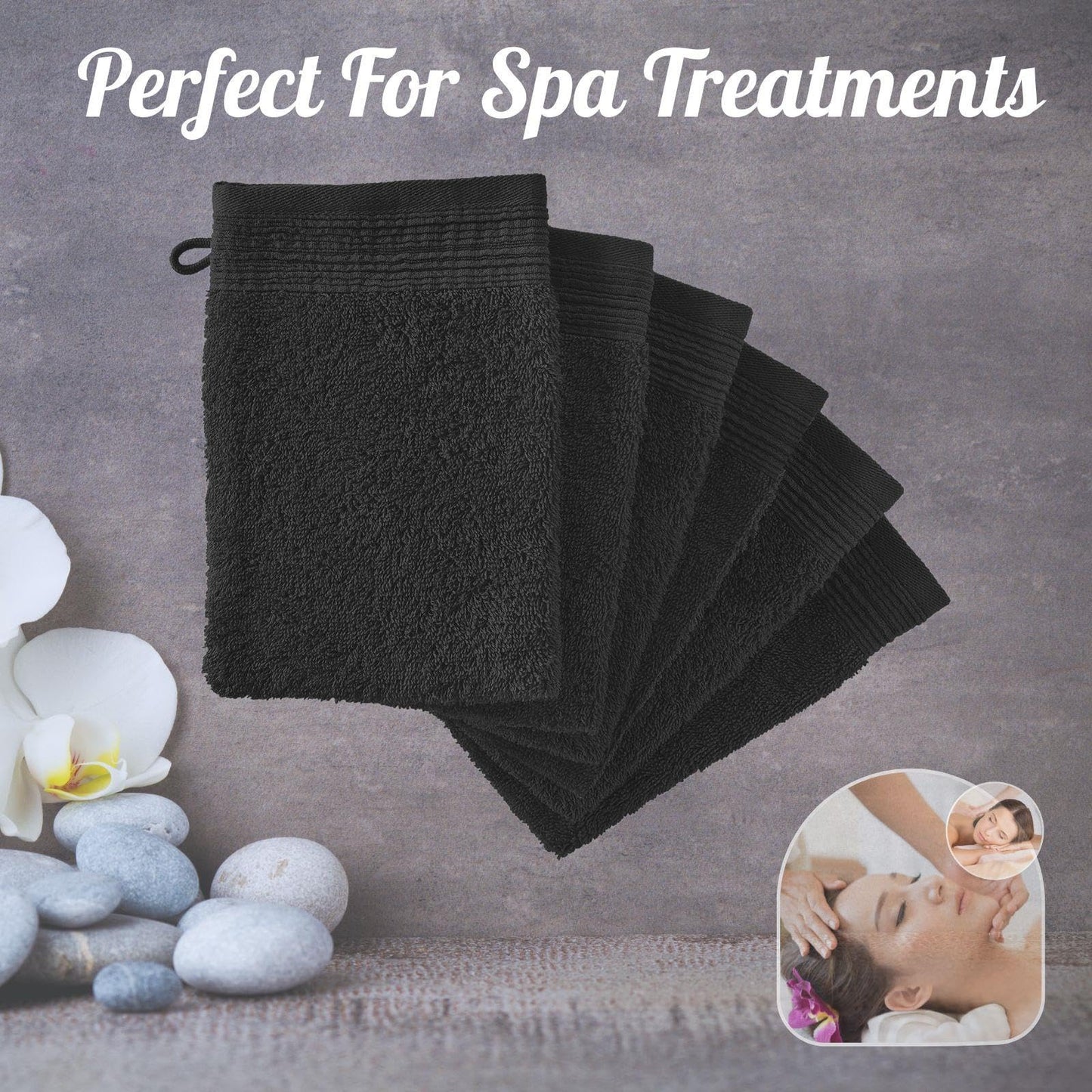 Adore Home 6 x Premium Quality Wash Mitts Absorbent Flannel Face Mitt Body Scrub, Black
