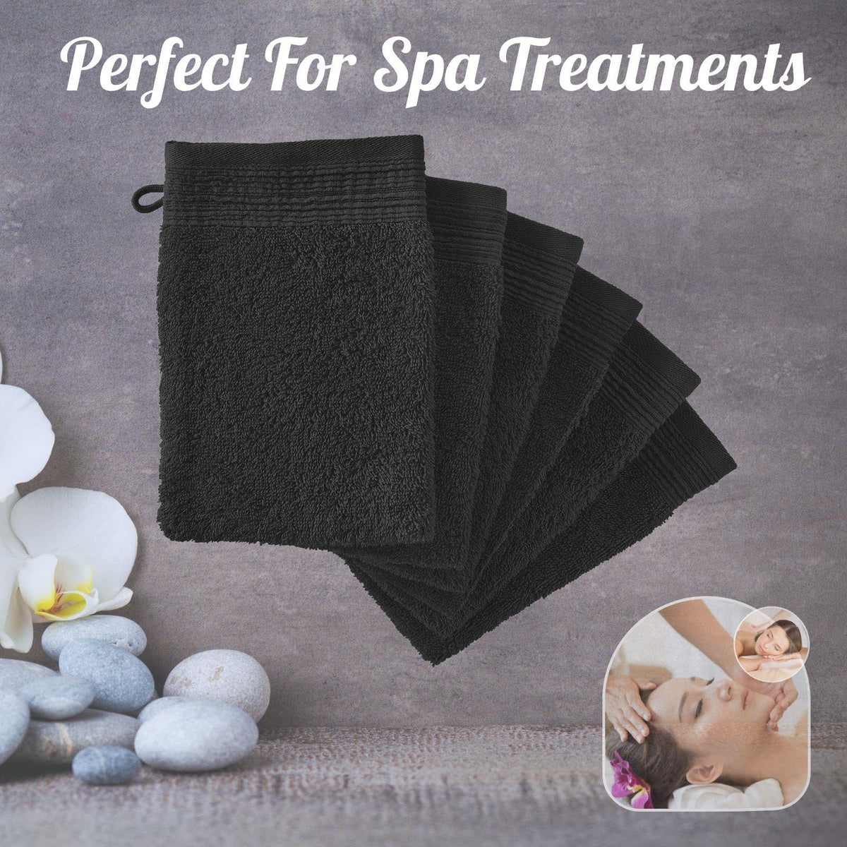 Adore Home 6 x Premium Quality Wash Mitts Absorbent Flannel Face Mitt Body Scrub, Black