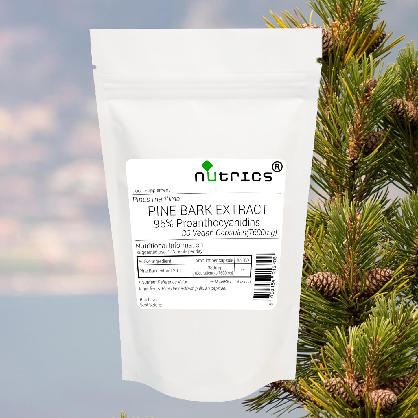 Nutrics® 7600mg French Maritime Pine BARK Extract 95% Proanthocyanidins 100% Pure 30 V Capsules (1 Month Supply) - Suitable for Vegan Vegetarian Halal Kosher (30)