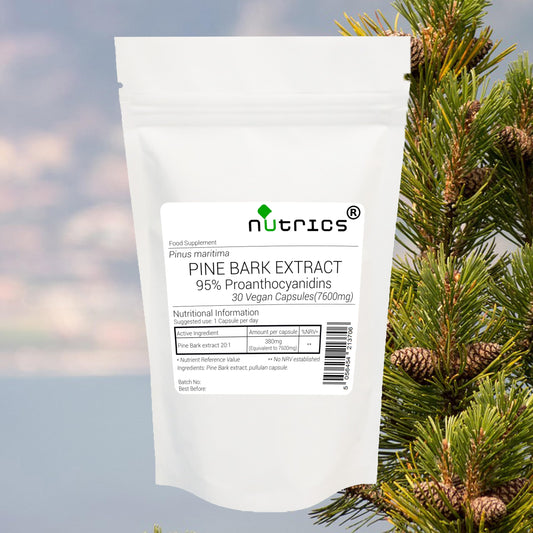 Nutrics® 7600mg French Maritime Pine BARK Extract 95% Proanthocyanidins 100% Pure 30 V Capsules (1 Month Supply) - Suitable for Vegan Vegetarian Halal Kosher (30)