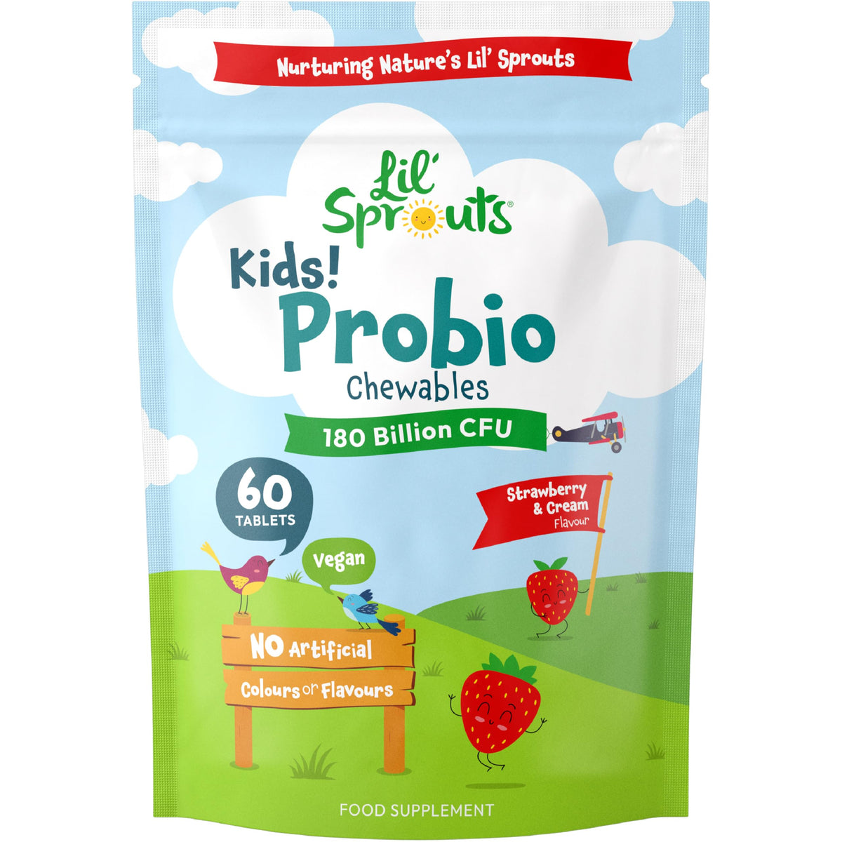 Kids ProBio Tablets 180 Billion CFU Per Pack | 2-Month Supply | 3 Billion CFU x 60 Vegan Chewables | Multi-Strain with Lactobacillus and Acidophilus | Strawberry and Vanilla Flavour | by Lil' Sprouts