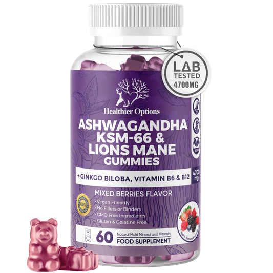 Healthier Options Ashwagandha KSM-66 and Lions Mane Gummies 4700mg | High Strength Ginkgo Biloba, Magnesium Glycinate, B6 & B12 | Ashwagandha Gummies 5% Withanolides | Stress, Focus, Memory & Energy | 6-in-1 60 Vegan
