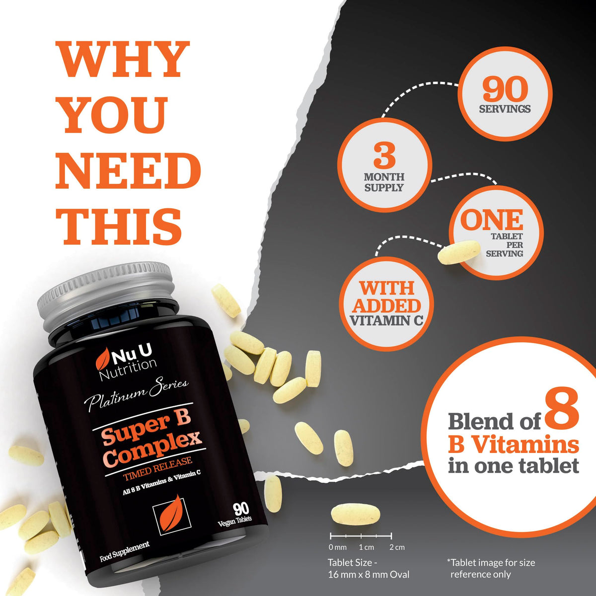 Super Vitamin B Complex - High Absorption Methylated B Vitamins with VIT C - 90 Timed Release Vegan Tablets - 3 Month Supply - B1, B2, B3, B5, B6, B8, B9 & B12 - Made in The UK - Nu U Nutrition