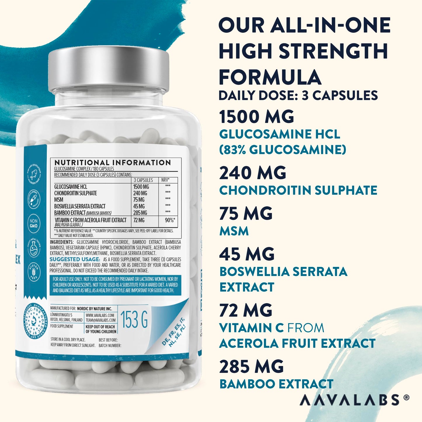 AAVALABS Glucosamine and Chondroitin High Strength with MSM, Boswellia Extract & Vitamin C - Glucosamine Complex - Fish and Crustacean Allergen Free - 180 Capsules (3 Capsules Daily)
