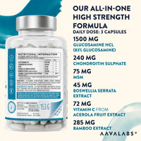 AAVALABS Glucosamine and Chondroitin High Strength with MSM, Boswellia Extract & Vitamin C - Glucosamine Complex - Fish and Crustacean Allergen Free - 180 Capsules (3 Capsules Daily)