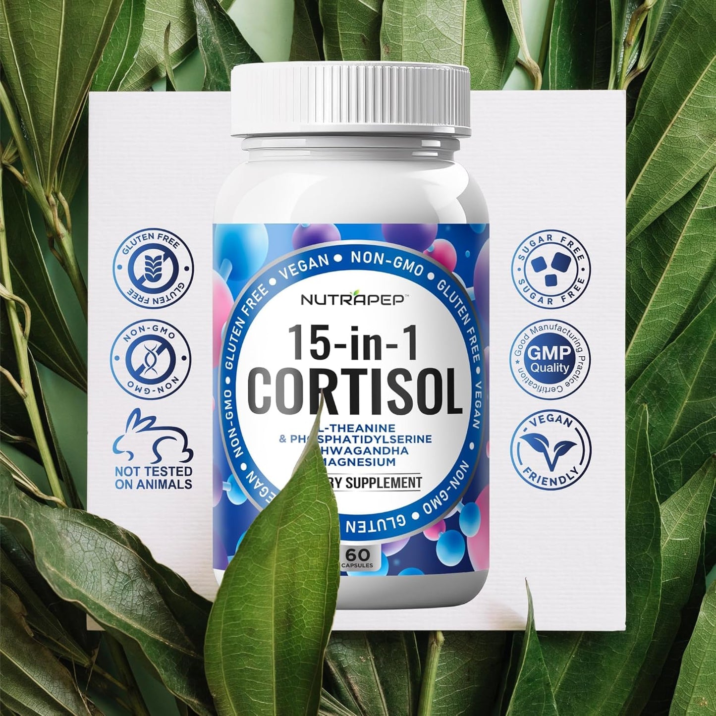 15-in-1 Cortisol Detox Supplement Men Women - Reduce Lower Cortisol High Cortisol Reducer Blocker Control - Supports Stress Mood Rest Adrenal Calm Relax with Ashwagandha L-Theanine Magnesium