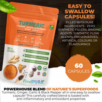 FoodPURA 4000mg Turmeric (Curcumin), Ginger, Garlic & Organic Black Pepper Capsules HACCP Certified, Manufactured in The UK by FoodPURA (60)