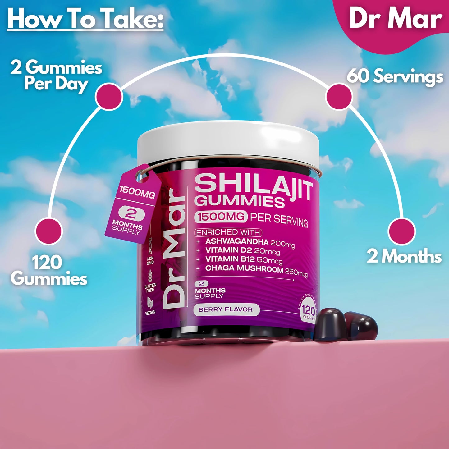 Dr Mar Premium Shilajit Gummies MAX 1500mg - 120 Gummies - 200mg Ashwagandha + 250mg Chaga Mushroom + 20mcg D2 + 50mcg B12 (2 Months Supply)