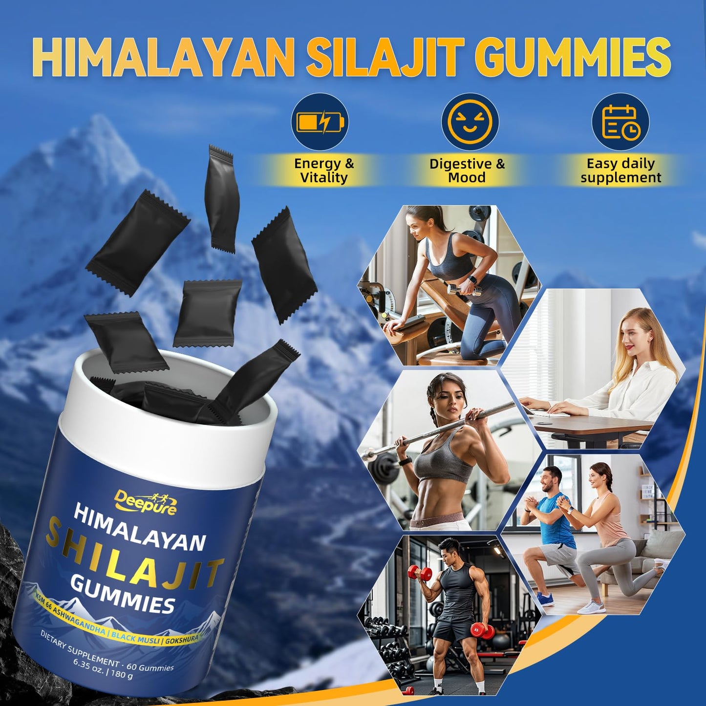 Deepure Pure Himalayan Shilajit Gold Gummies - Vegan Formula with Fulvic Acid and 85+ Trace Minerals for Vitality and Energy Support (60 Individually Wrapped Gummies)