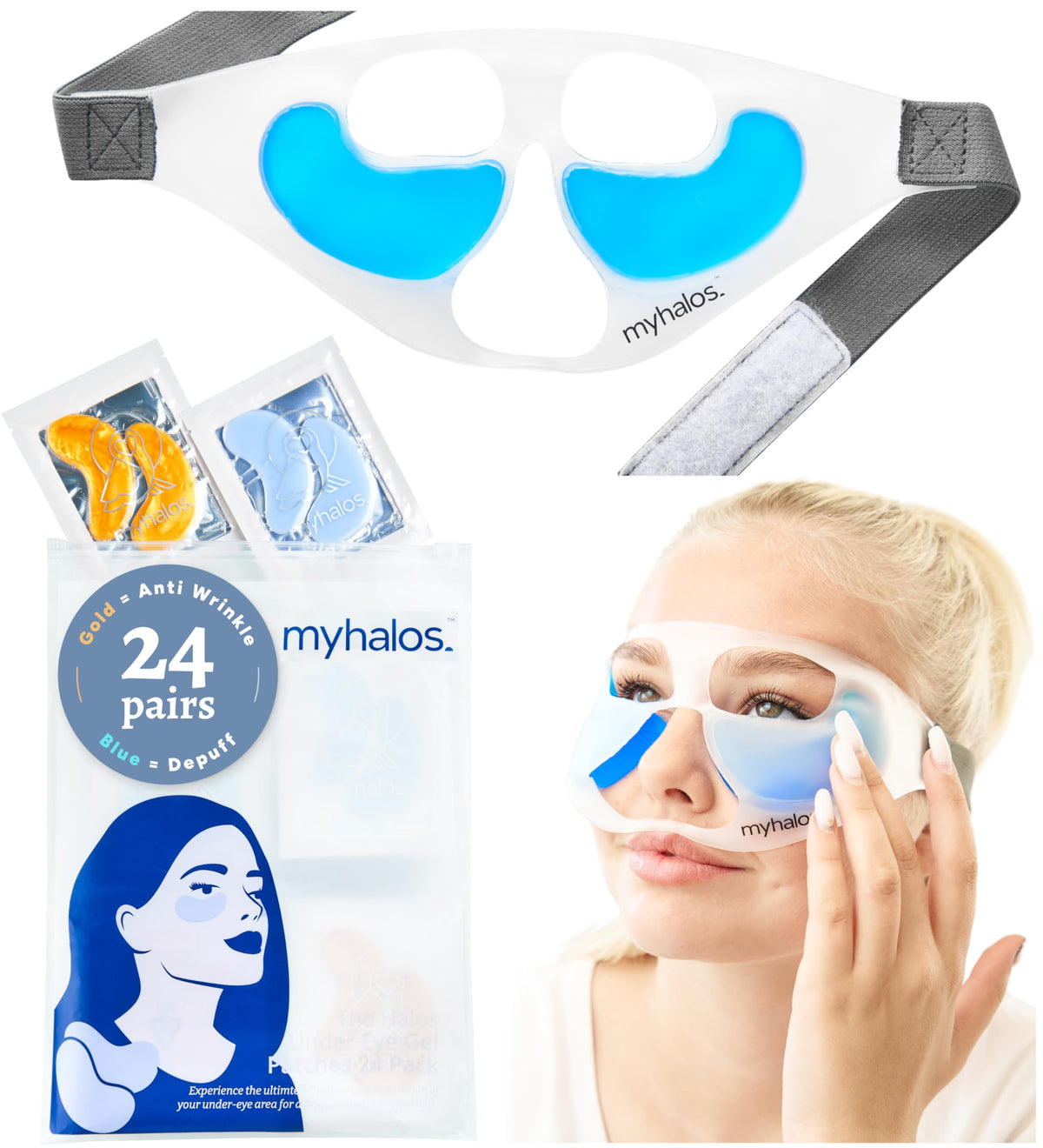 HM Halo Mask Under Eye Patches & Cooling Eye Mask Set- 24 Eye Masks for Puffy Eyes and Eye Bags Remover Kit- 24k Gold & Blue Under Eye Gel Patches - Cold Eye Mask for Puffiness - Eye Masks Skincare - Patented