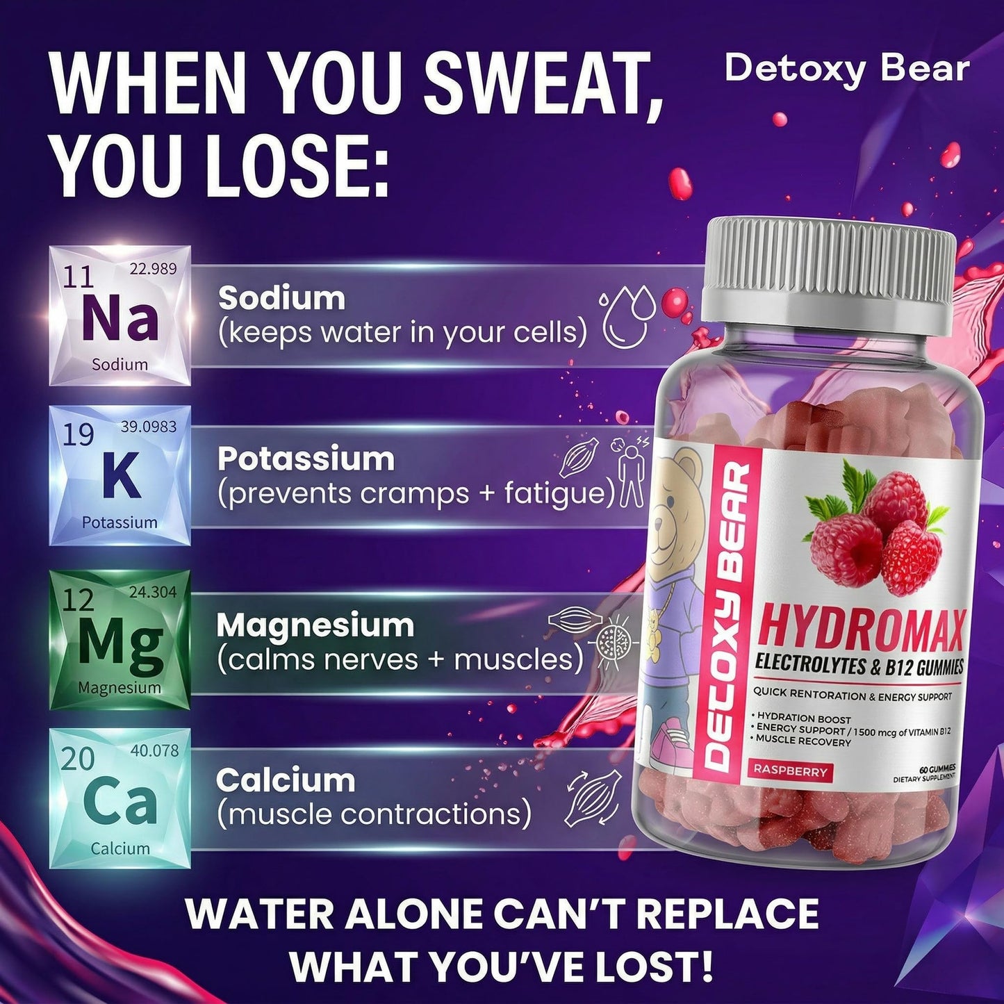 DETOXY BEAR LTD Hydromax Electrolytes Gummies - 60-Count Keto Electrolyte 2000mg and B12 Vitamin 1500mcg - Soft Chewable Gummies for Energy Support, Non GMO, Hydration Boost, Muscle Recovery
