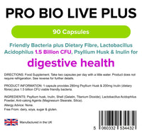 Lindens - Pro Bio Live Plus Dietary Fibre - 90 Capsules - UK Made - Lactobacillus Acidophilus, 1.5 Billion CFU with Psyllium Husk & Inulin, Healthy Digestion - Letterbox Friendly, Vegan