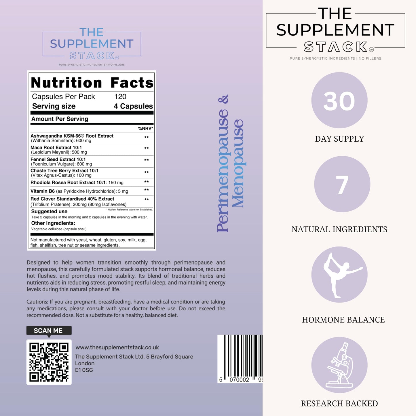 The Supplement Stack - Perimenopause & Menopause - Ashwagandha KSM-66, Maca, Fennel, Chaste Tree Berry, Red Clover & Rhodiola for Hormone Balance, Hot Flushes, Sweats & Mood Support – UK Company