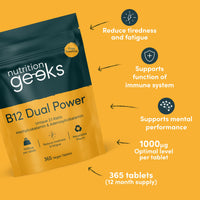Nutrition Geeks Vitamin B12 Tablets High Strength - 1 Year Supply (365 Tablets) - 1000mcg Dual Power B12 Vitamin Complex with Methylcobalamin & Adenosylcobalamin - Vegan Supplement - (Packaging Design May Vary)