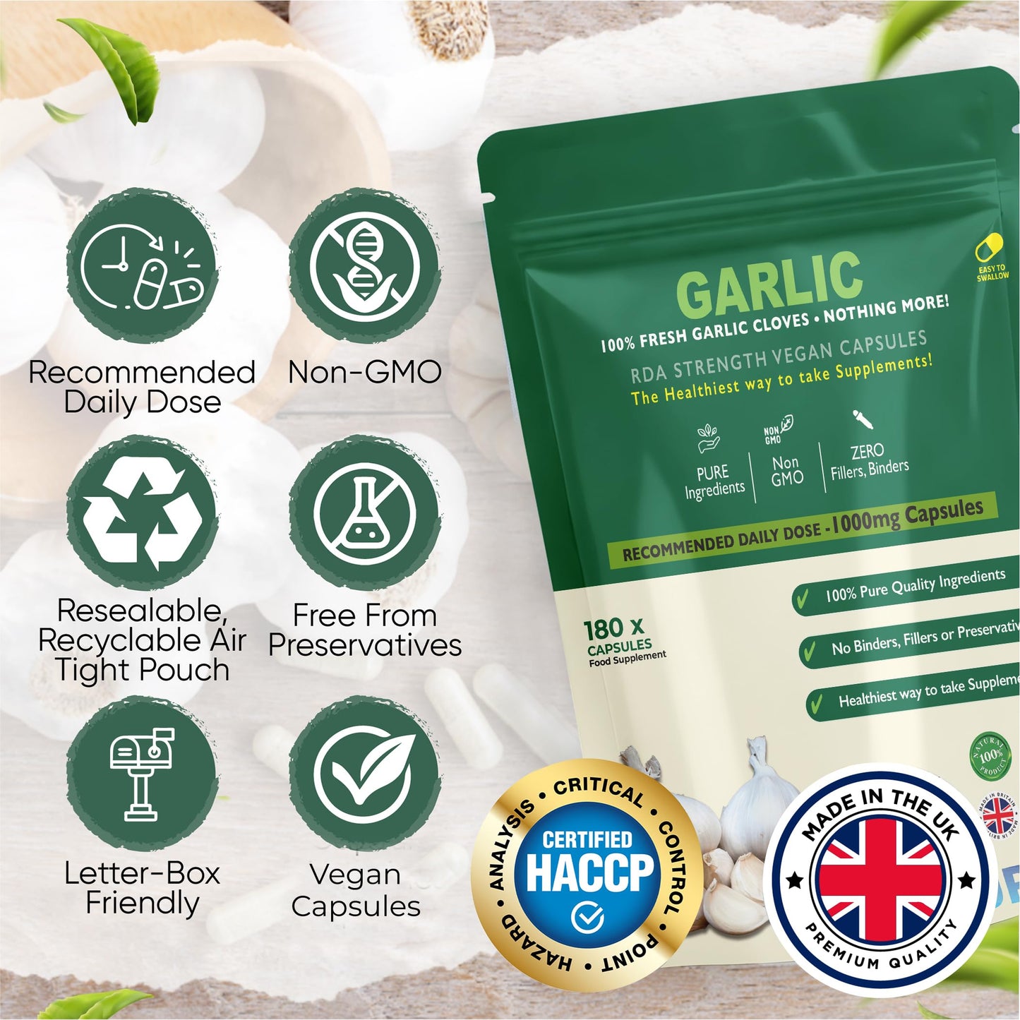 FoodPURA 180 X Pure Garlic Capsules Recommended Daily Strength 1000mg - Capsules are The SAFEST Way to take Any Supplement! HACCP Certified, Manufactured in The UK.