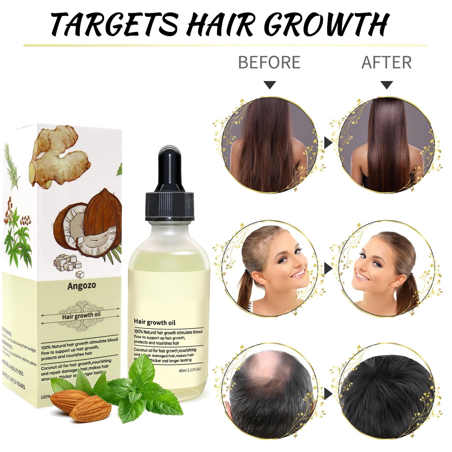Angozo Veganic Hair Oil,100% Natural Hair Growth Oil,With Caffeine,Biotin,Coconut Oil,Argan Oil, Rosemary Oil,and Castor Oil for Hair Growth,Thickening Hair Mask & Hair Loss Treatment,60ml