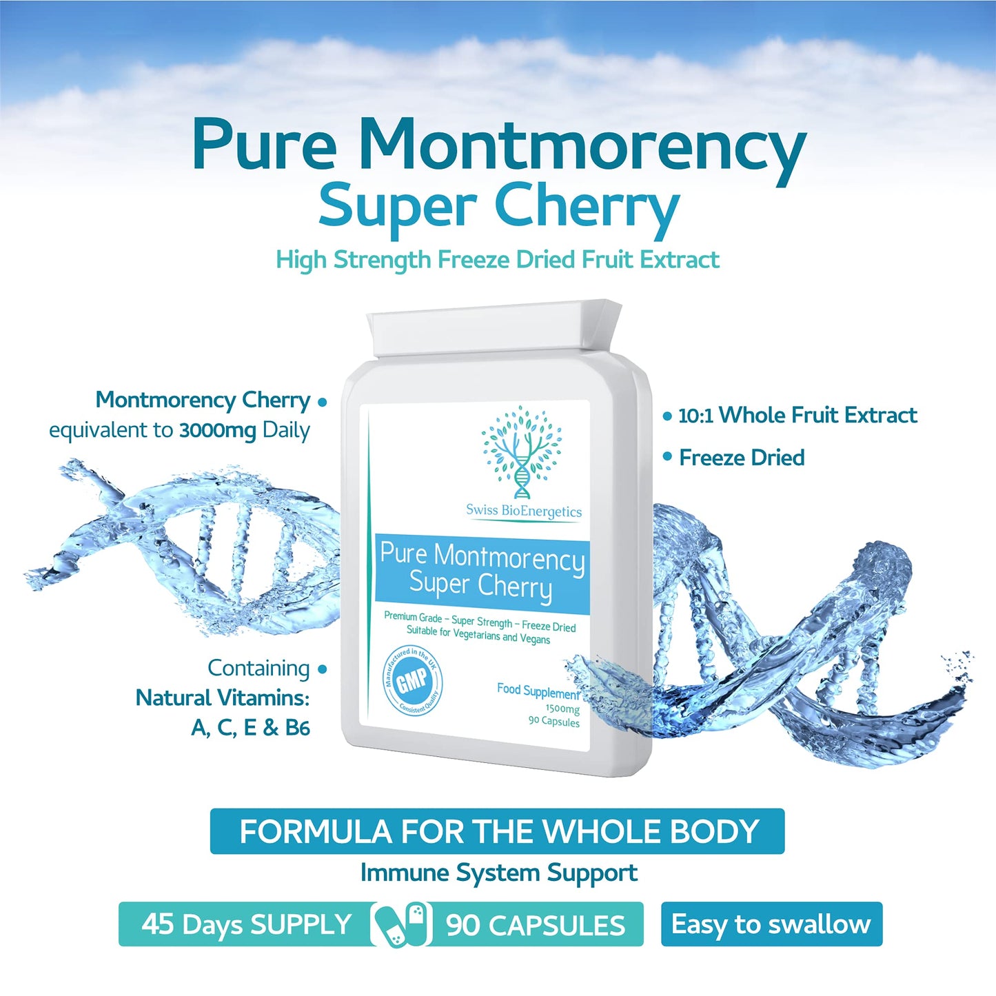 swiss bioenergetics Pure Montmorency Super Cherry 1500mg 90 Capsules - High Strength Freeze Dried - 100% Natural High Strength Freeze Dried Montmorency Cherries with No Additives - Manufactured in The UK