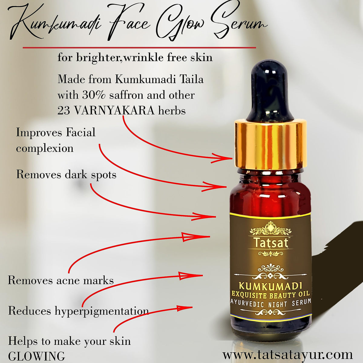 TATSAT - WELLNESS THROUGH AYURVEDA Certified Ayurvedic Kumkumadi Exquisite Face Serum with Authentic kumkumadi oil with 30% Saffron & 23 VARNYAKARA herbs for spotless,wrinkle free glowing skin-10ml