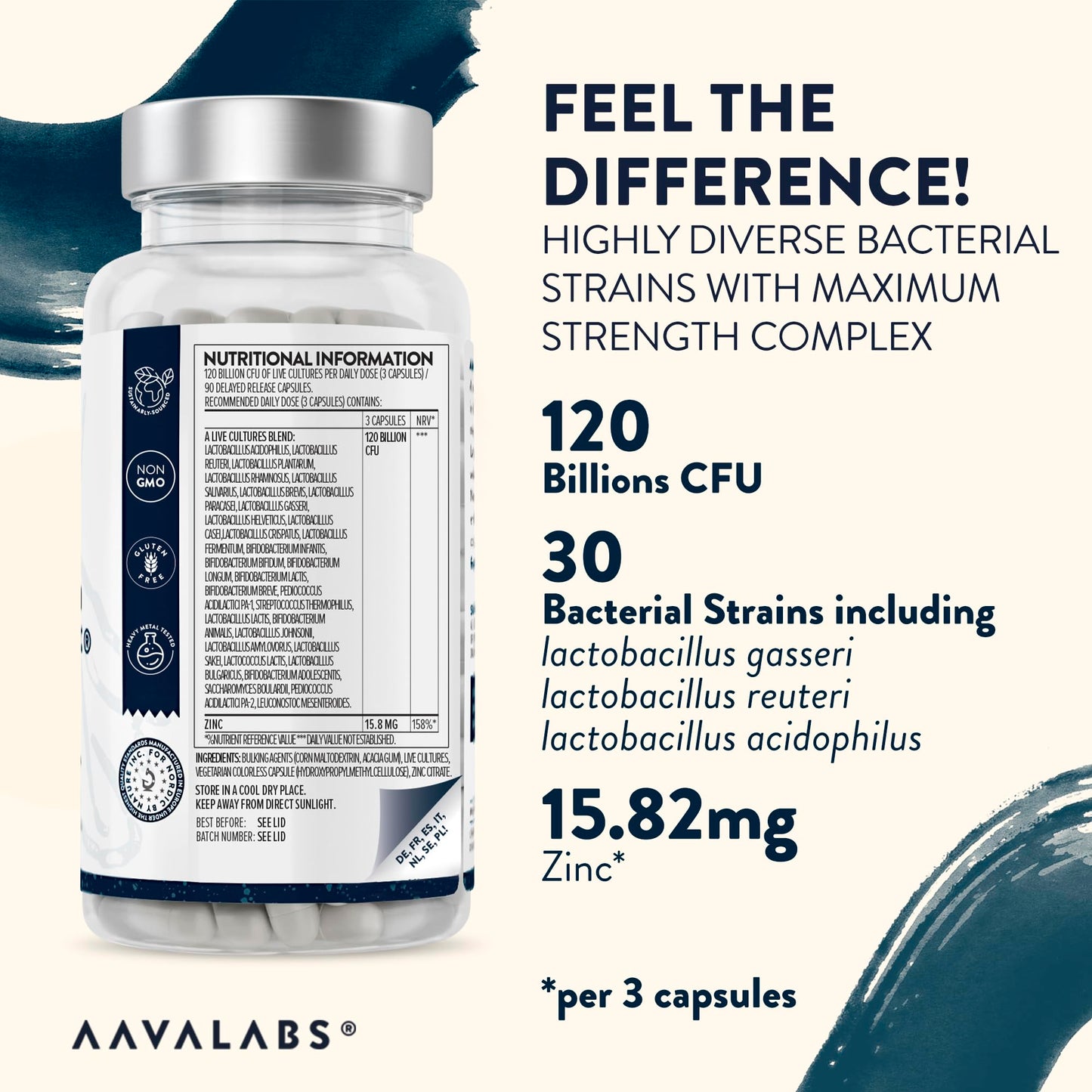 Bio Cultures Complex [ 120 Billion CFU ] 30x Bacterial Strains incl. Lactobacillus Acidophilus & Bifidobacterium per Serving - 90 Capsules - 3rd Party Tested