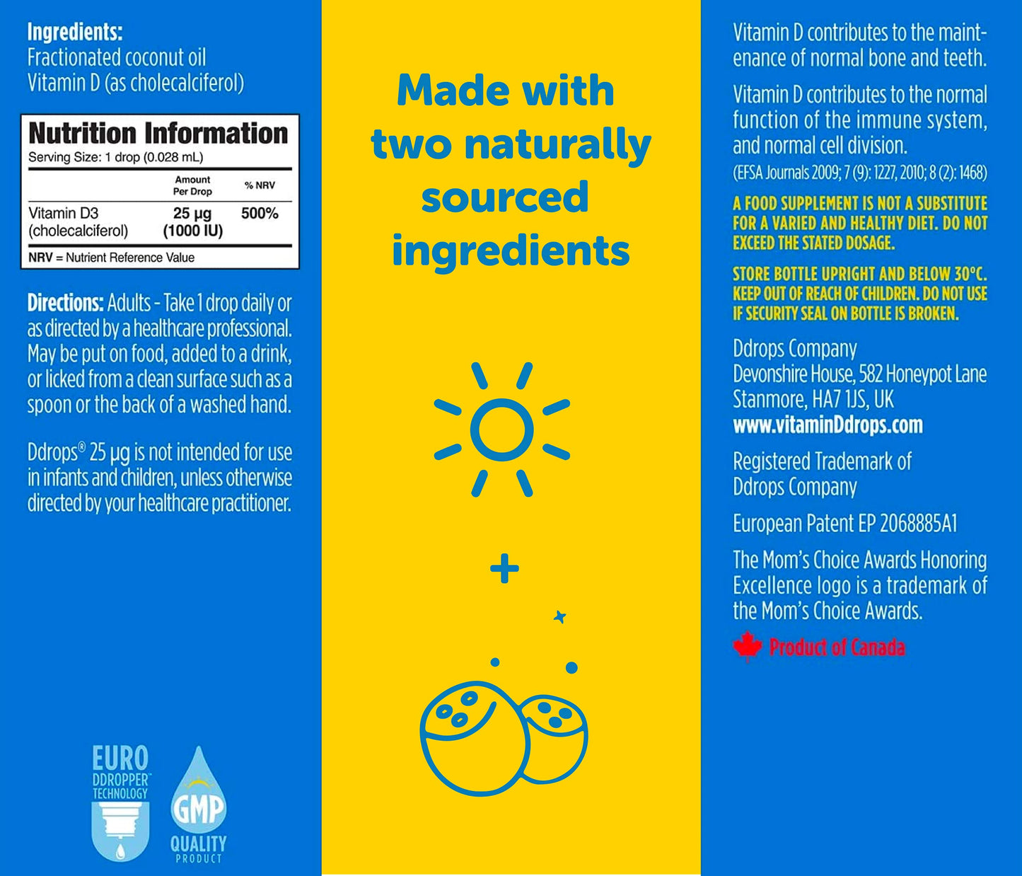 Ddrops Adults 25 µg 60 drops - Liquid Vitamin D3 Supplement Supports Bones, Immune System - Naturally-sourced Ingredients, No Large Capsules, No Preservatives, Non-GMO, Allergen-Friendly