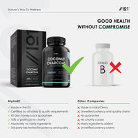 ALPHA01 Activated Coconut Charcoal 1000mg | Made from Thai Coconut Shells | for Bloating & Gas, Digestion & Flatulence Natural Relief | Vegan & Keto Friendly Supplement | 120 Capsules