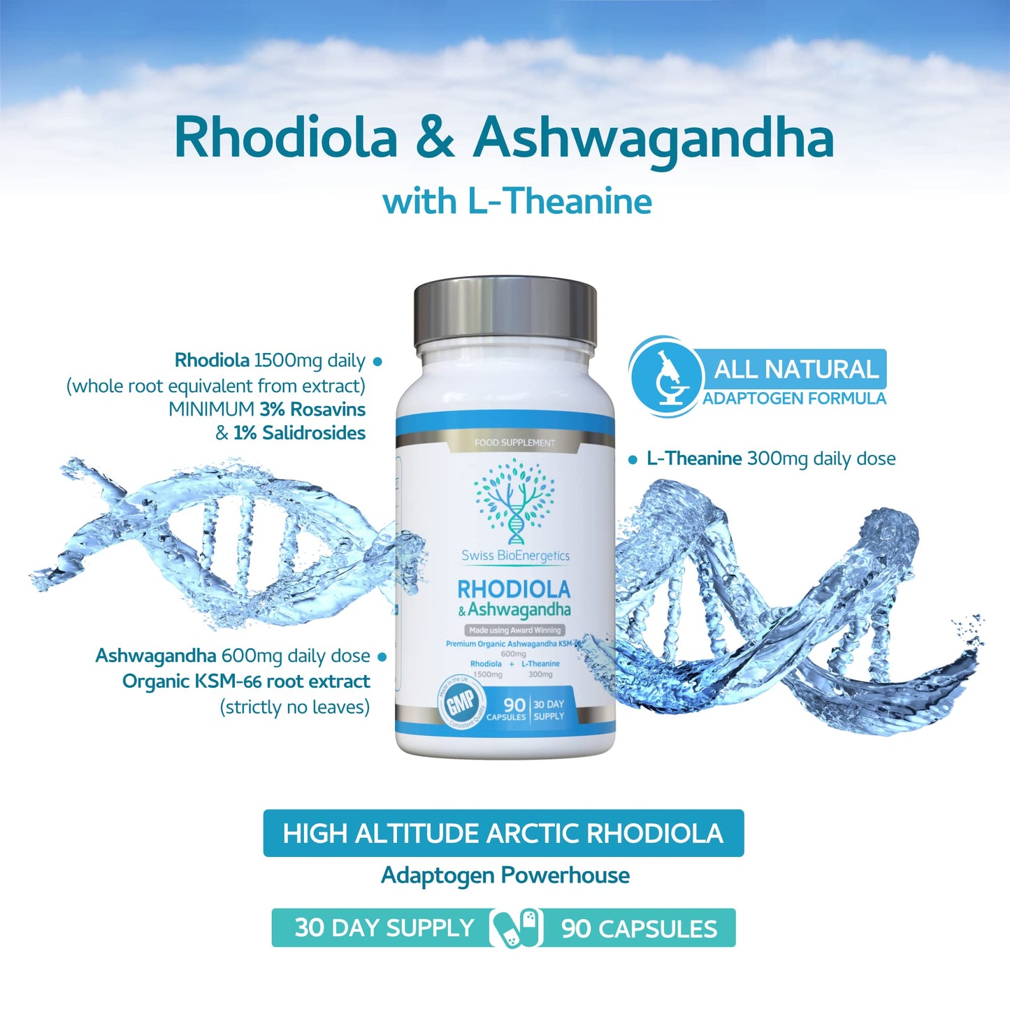 Rhodiola & Ashwagandha with L-Theanine - Award Winning Ashwagandha KSM-66 600mg & 1500mg Rhodiola (3% Rosavins - 1% Salidrosides) whole root equivalent- adaptogen combo- No artificial fillers- UK Made