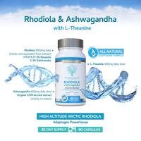 Rhodiola & Ashwagandha with L-Theanine - Award Winning Ashwagandha KSM-66 600mg & 1500mg Rhodiola (3% Rosavins - 1% Salidrosides) whole root equivalent- adaptogen combo- No artificial fillers- UK Made