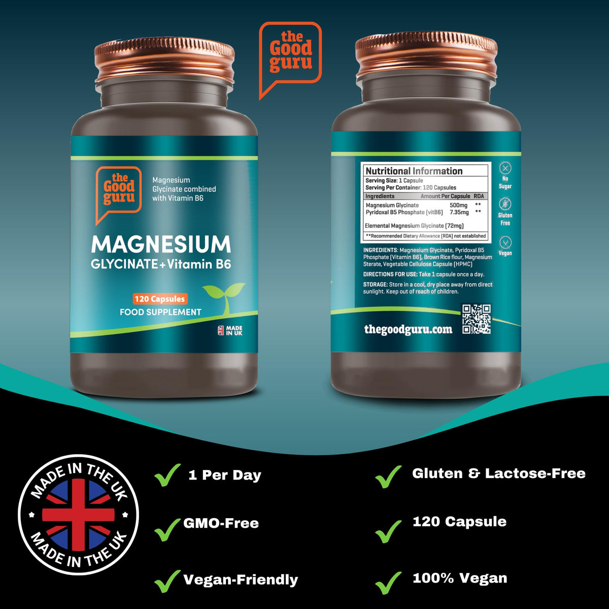 Magnesium Glycinate Supplements with Vitamin B6 | 120 Capsules, 2-in-1 Formula | High Absorption | 500mg Magnesium Glycinate + 7.35mg Pyridoxal 5 Phosphate | Vegan | Made in UK by The Good Guru