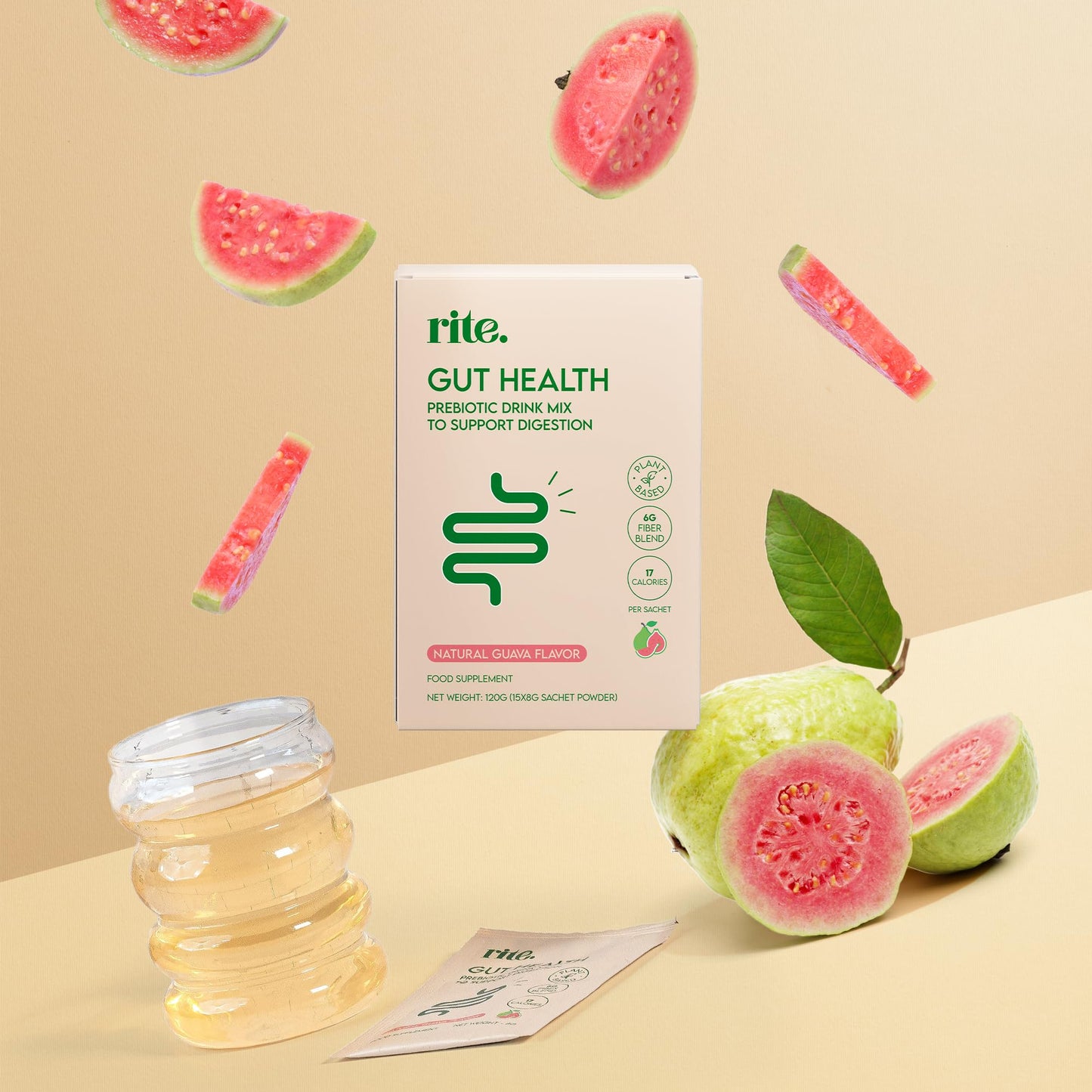 Rite Gut Health Prebiotic Supplement, High Fibre, Soluble Fibre Powder, Digestive Health, Vegan, Guava Flavour (15 Servings)