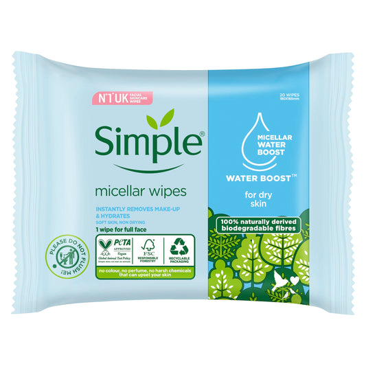 Simple Kind to Skin hypoallergenic Micellar Biodegradable Cleansing Wipes for sensitive skin 20 wipes
