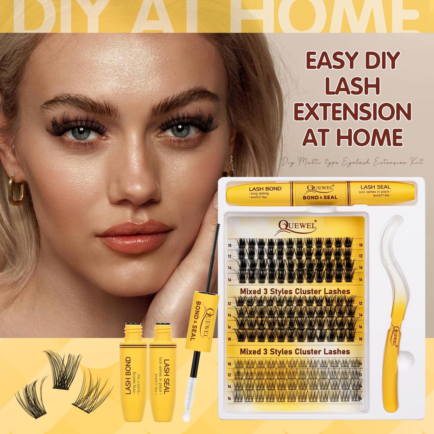 QUEWEL Lash-Cluster Kit 144Pcs D Curl Mixed 3 Styles Eyelashes-Individual Natural Look, Super Thin Band Cluster Lashes Kit for Beginner Easy to Apply at Home（Collection-style B-kit）