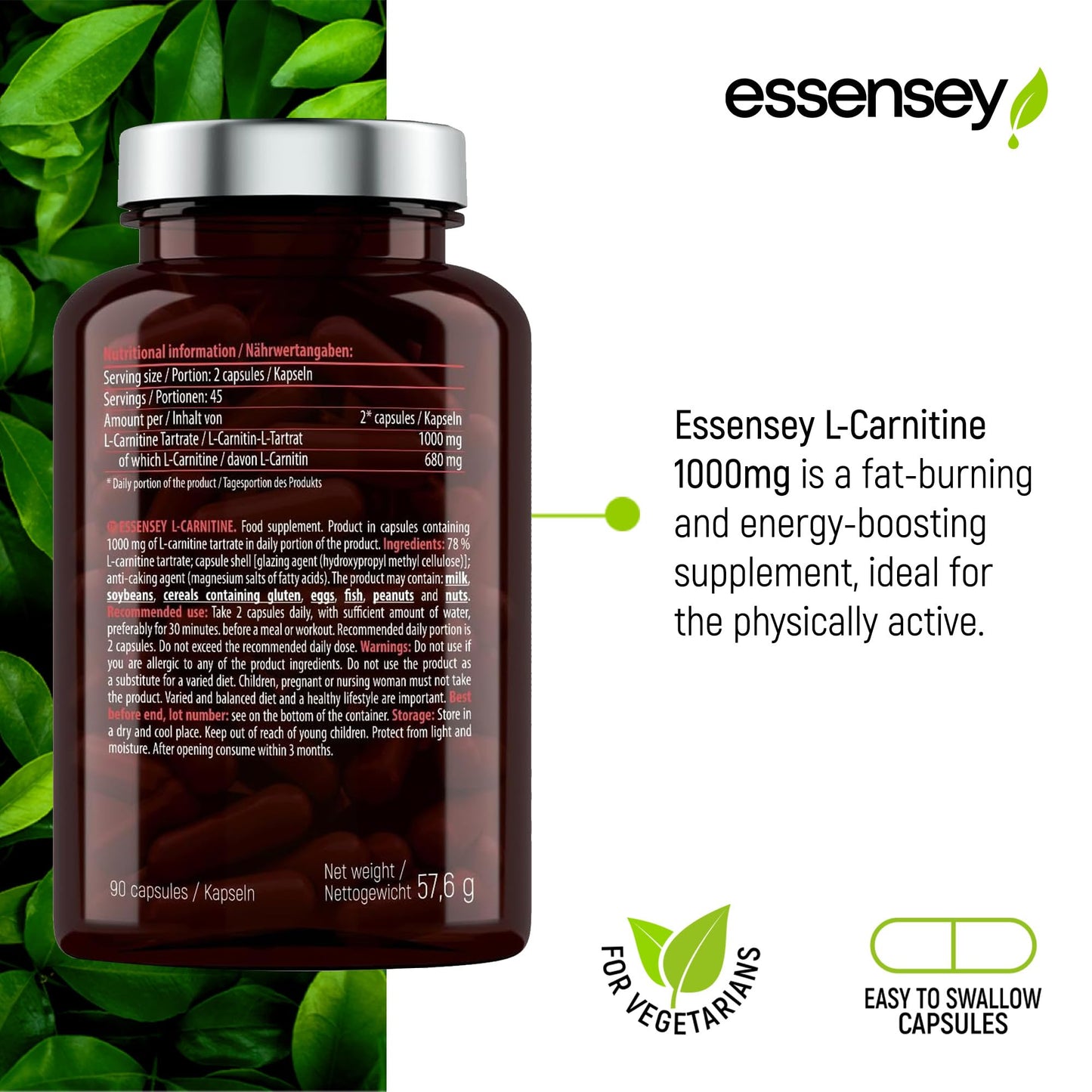 ESSENSEY Essensey L-Carnitine 1000mg - 90 Capsules | High Absorption Form | Ideal for Vegetarians High Strength L Carnitine Supplement