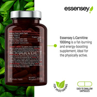 ESSENSEY Essensey L-Carnitine 1000mg - 90 Capsules | High Absorption Form | Ideal for Vegetarians High Strength L Carnitine Supplement