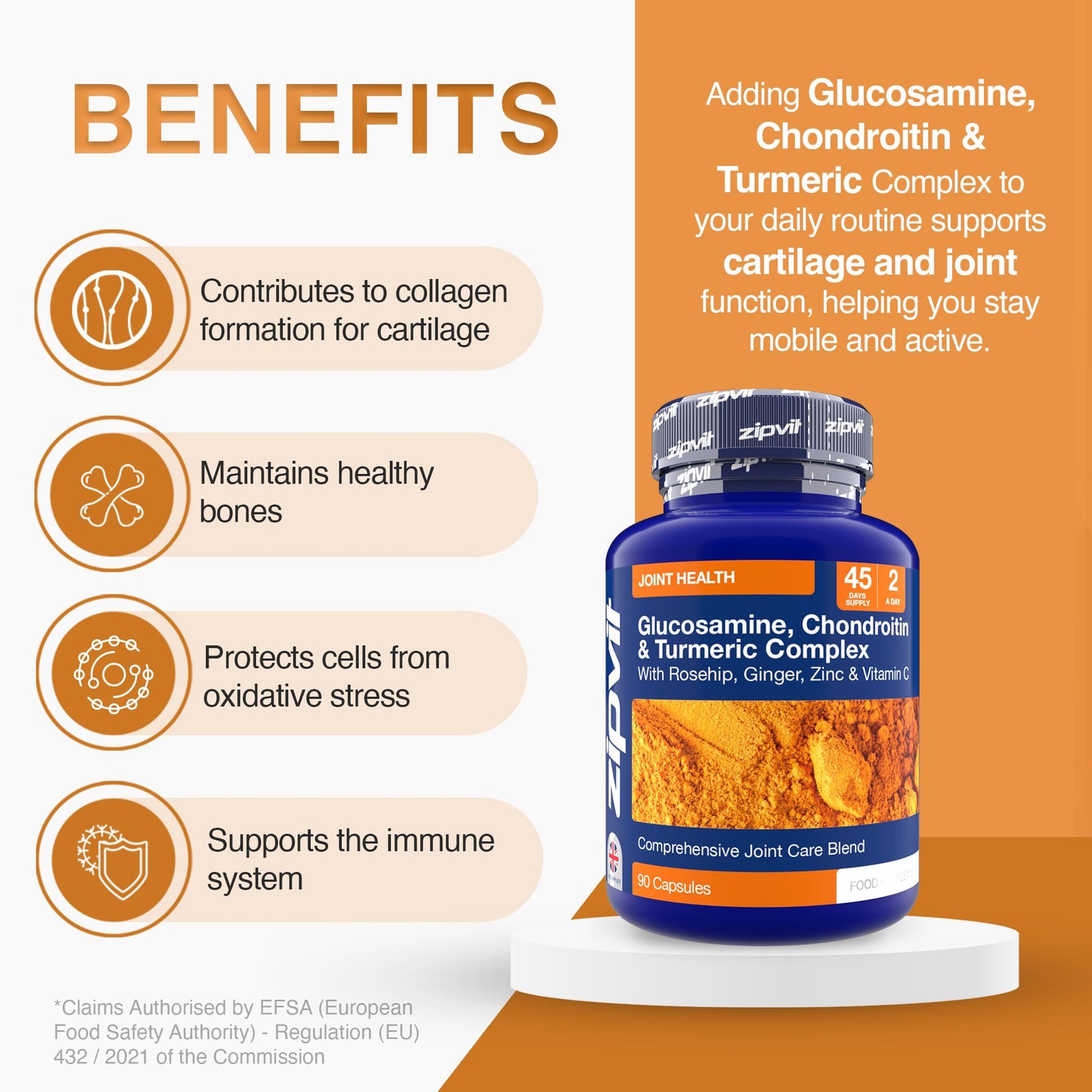 Zipvit Glucosamine and Chondroitin High Strength Turmeric Supplement with Vitamin C, Rosehip, Ginger & Zinc, 90 Capsules