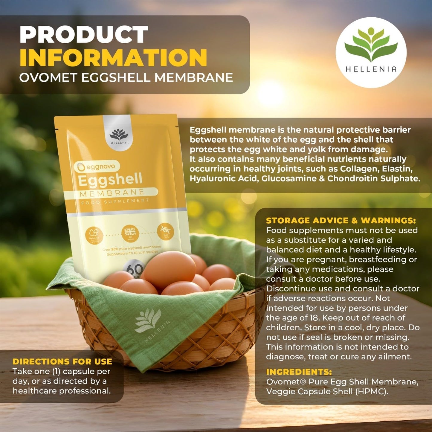 Eggshell Membrane Capsules Ovomet® - 300mg | 60 Vegetarian Capsules | Pure Eggshell Membrane with a High Degree of Purity - Joint Supplement | Sustainably Sourced - Made in The UK by Hellenia
