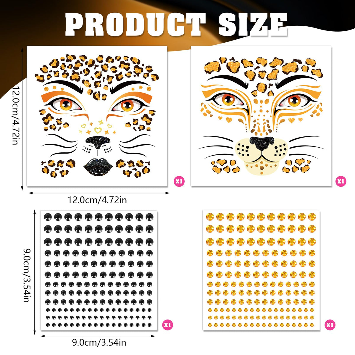 DPKOW Leopard Face Tattoos & Gems, Temporary Tattoos & Face Gems for Kids & Adults, Waterproof, Leopard Print