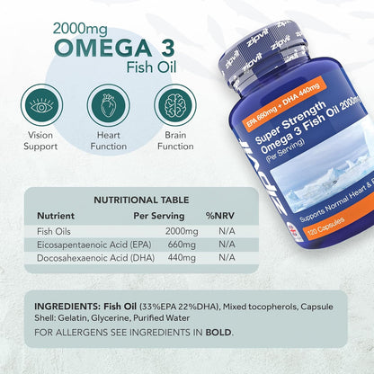 Zipvit Omega 3 Fish Oil 2000mg, EPA 660mg DHA 440mg per Daily Serving. 120 Capsules (2 Months Supply). Supports Heart, Brain Function and Eye Health. 2 Capsules Per Serving