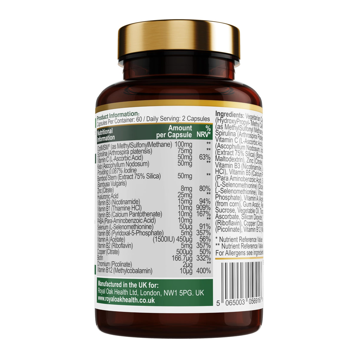 Royal Oak Health Hair, Skin & Nails - 60 Vegan Capsules - UK Made