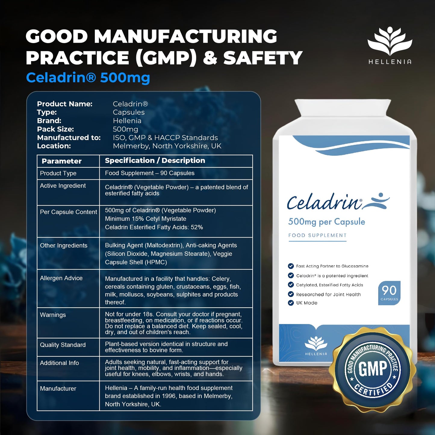 Celadrin® Capsules 500mg | Potent Joint Care Supplement | Branded Ingredient | Clinically researched for Improved Joint Function & Mobility | 90 Capsules - Vegan Friendly | Made in The UK by Hellenia