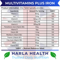 Harla Health Multivitamins with Iron | 180 Vegetarian Tablets | 6 Month Supply | Daily Multivitamin for Men & Women | Energy, Immune System & Overall Wellbeing Support | UK Brand | GMP Certified