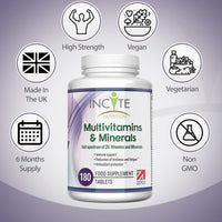 Multivitamin and Minerals | 180 Vegan Tablets | 26 Key Vitamins and Minerals for Women and Men | 6 Months Supply | Multivitamin Supplements 1 a Day Serving | Made in The UK by Incite Nutrition®