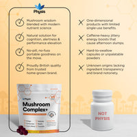 Physis Mushroom Gummies +Vitamin Complex | Attention On Mushroom Blend | Alertness Cognition Memory | Lions Mane Cordyceps Reishi Maitake Tremella Ginseng Iodine Vit B5 | 60 x Vegan Juicy Blackcurrant