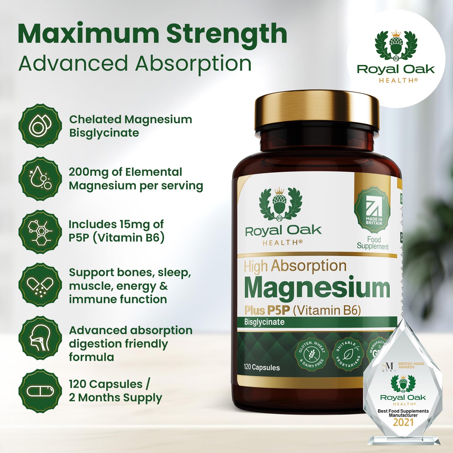 Magnesium Bisglycinate 200mg Plus P5P Vitamin B6 x120 Capsules | Advanced Chelated Formula for Optimal Absorption 200mg of High Strength Elemental Magnesium - Vegan & UK Made by Royal Oak Health