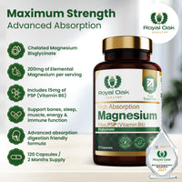 Magnesium Bisglycinate 200mg Plus P5P Vitamin B6 x120 Capsules | Advanced Chelated Formula for Optimal Absorption 200mg of High Strength Elemental Magnesium - Vegan & UK Made by Royal Oak Health